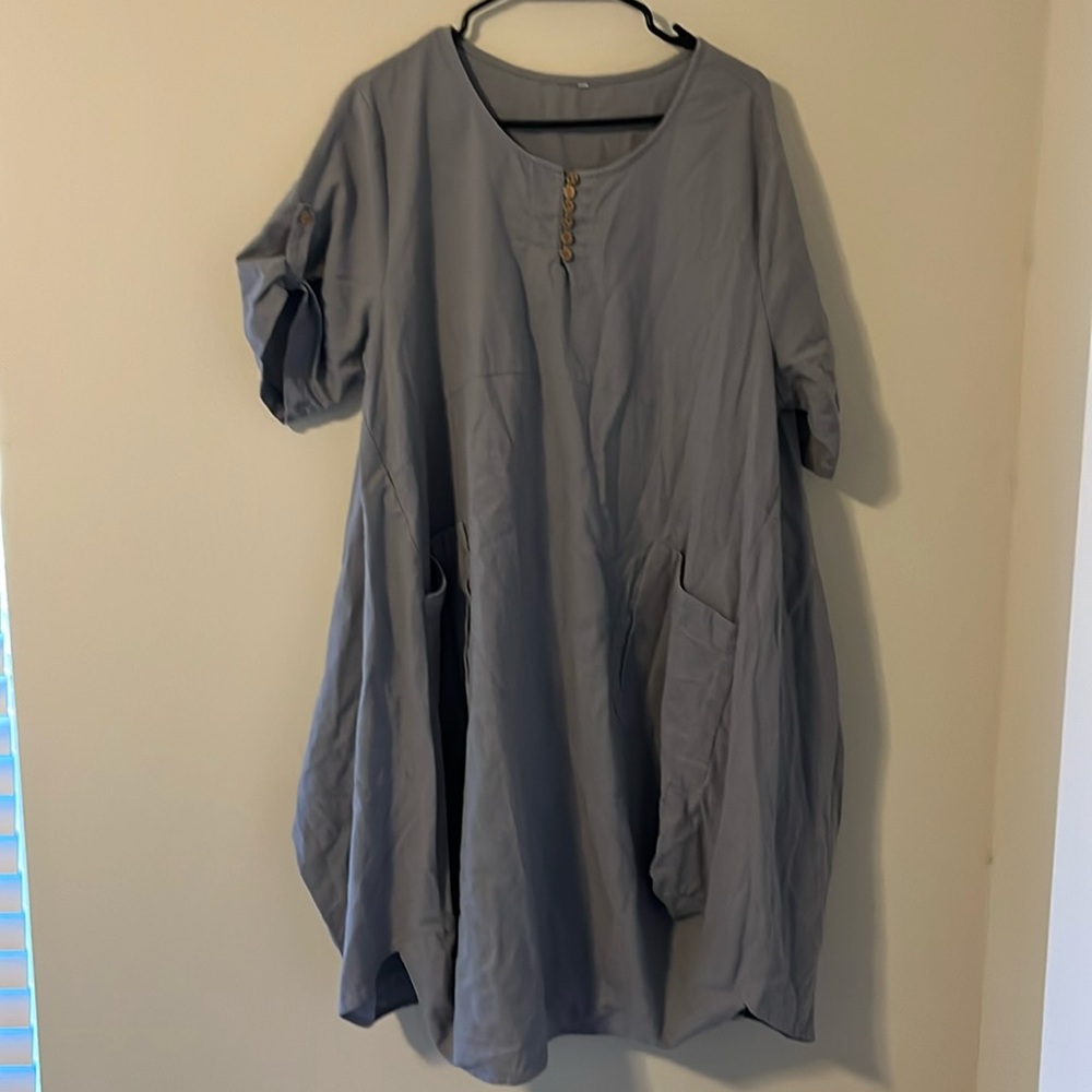Blue/grey Short Sleeved Linen Dress | XL